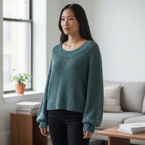 FREE PEOPLE Pandora's Boatneck Sweater Womens XS Teal Blue Open Knit Balloon Top